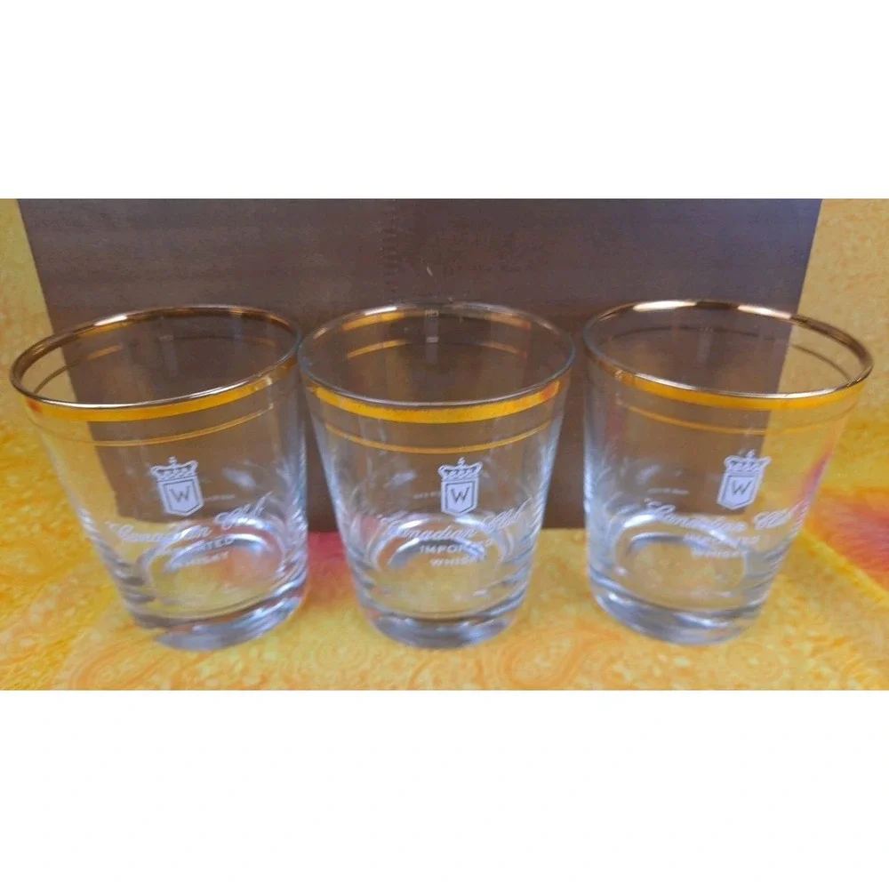 Set Of 3‎ Canadian Club Whisky Low Ball Gold Rim Rock Glasses - 4.25
